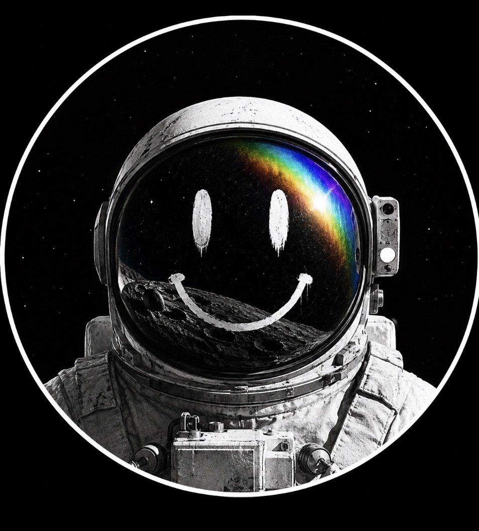 Black-and-white astronaut with smiley visor