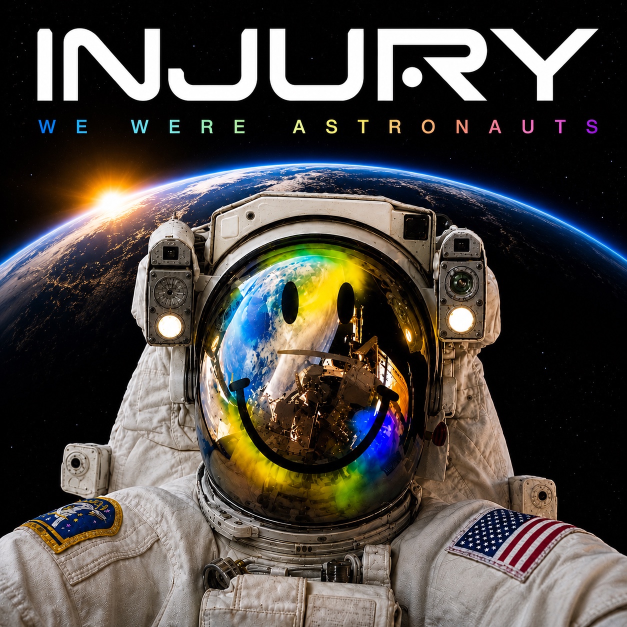 INJURY astronaut with smiley visor above Earth