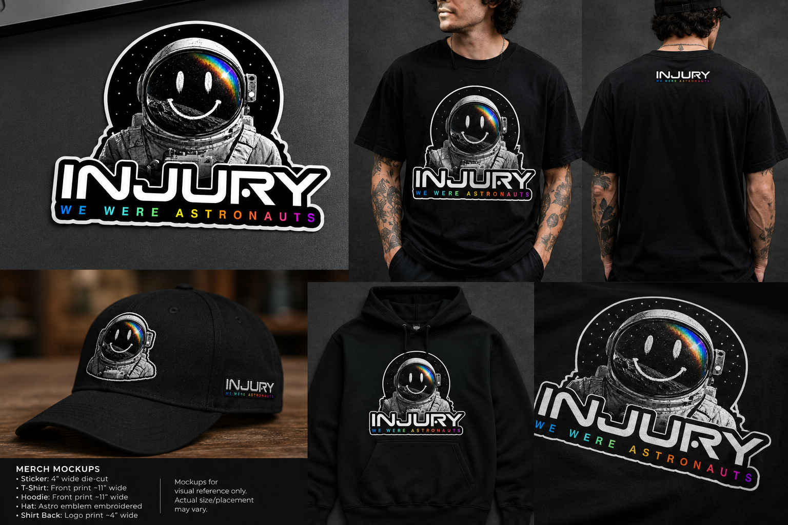 INJURY astronaut shirt hoodie hat and sticker mockups