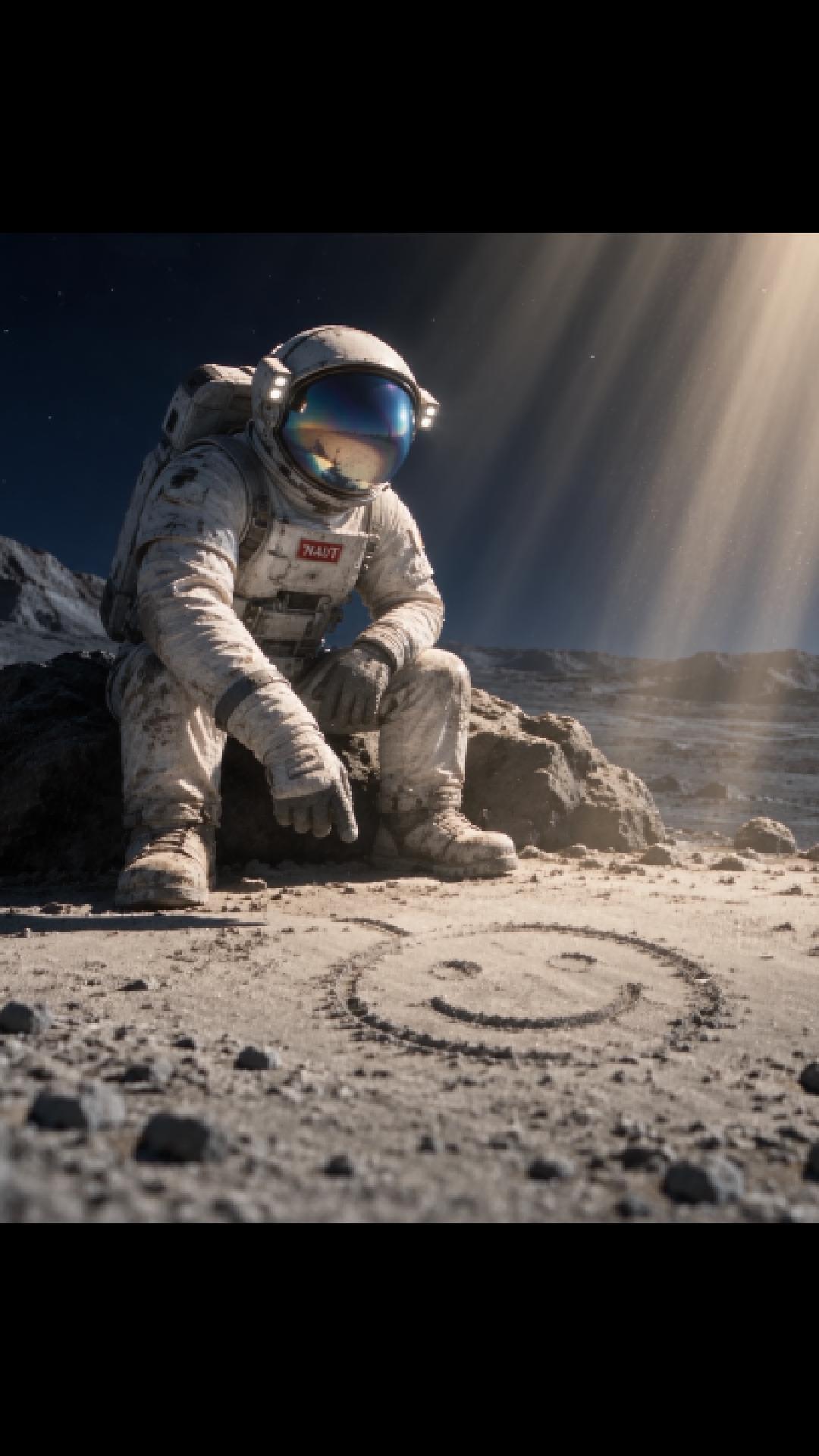 Astro sitting on the moon beside a smiley face